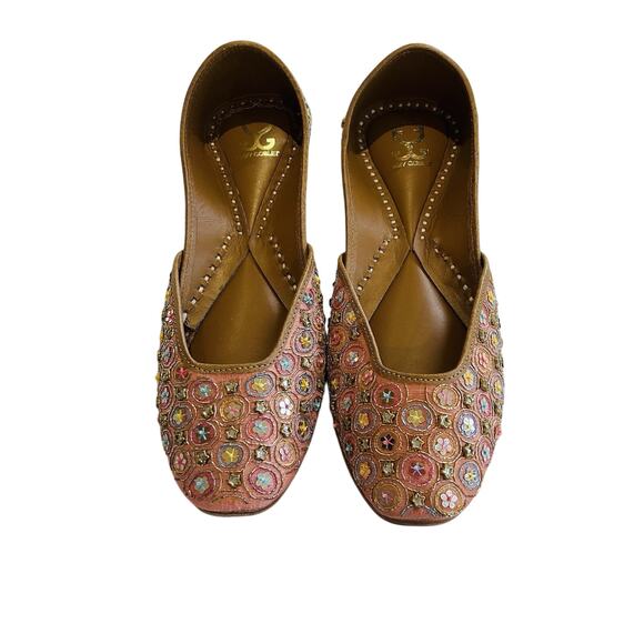 Indian Jutti Women Flat Pink Blue Gold Embroidered Khussa Beaded Fizzy Goblet - Picture 1 of 9